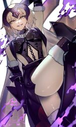 1girl armor armored_boots bare_shoulders boots breasts chain clothing_cutout dress fate/grand_order fate_(series) flag fur-trimmed_legwear fur_trim gauntlets gloves headpiece highres jeanne_d&#039;arc_alter_(avenger)_(fate) jeanne_d&#039;arc_alter_(avenger)_(third_ascension)_(fate) jeanne_d&#039;arc_alter_(fate) kabosoi_mangaka la_grondement_du_haine long_hair looking_at_viewer navel_cutout shiny_skin smile solo standard_bearer thighhighs thighs very_long_hair yellow_eyes