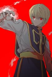 Rule 34 | 1boy, androgynous, blonde hair, chain, earrings, feet out of frame, hand up, highres, hunter x hunter, jewelry, kurapika, long sleeves, looking at viewer, male focus, red eyes, serious, short hair, simple background, solo, standing, tokyo bbo