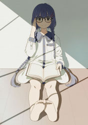 Rule 34 | 1girl, adjusting eyewear, barefoot, black-framed eyewear, blue hair, blush, book, braid, brown eyes, closed mouth, collared dress, colored skin, dress, feet, glasses, hair ornament, hairclip, holding, holding book, legs, long hair, long sleeves, low twintails, mattaku mousuke, open book, original, sitting, smile, soles, solo, thighhighs, twin braids, twintails, very long hair, white background, white dress, white skin