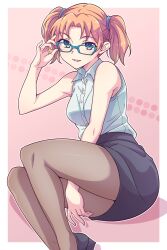 Rule 34 | 1girl, adjusting eyewear, bare arms, bare shoulders, black footwear, black skirt, blue-framed eyewear, blush, brown pantyhose, collared shirt, dress shirt, e20, feet out of frame, green eyes, hand up, highres, office lady, orange hair, original, pantyhose, parted bangs, parted lips, pencil skirt, shadow, shirt, shoes, skirt, sleeveless, sleeveless shirt, smile, solo, twintails, white shirt