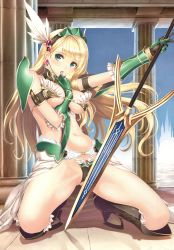 Rule 34 | 1girl, absurdres, armor, bikini, bikini armor, bikini warriors, blonde hair, blue eyes, blush, breasts, frills, full body, gauntlets, greaves, hairband, highres, kneeling, large breasts, long hair, looking at viewer, medium breasts, navel, official art, open mouth, polearm, scan, shiny skin, simple background, skirt, solo, spear, swimsuit, tony taka, valkyrie (bikini warriors), very long hair, weapon, winged hairband