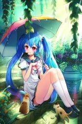 Rule 34 | 1girl, bad id, bad pixiv id, blue hair, blush, breasts, cat, cleavage, long hair, luthica preventer, original, pink eyes, sitting, small breasts, smile, solo, ssumbi, sword girls, twintails, umbrella, very long hair