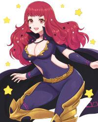 Rule 34 | 1girl, :d, absurdres, black cape, bodysuit, breasts, cape, cleavage, clothing cutout, commentary request, covered navel, facial mark, fire emblem, fire emblem engage, highres, large breasts, long hair, looking at viewer, nintendo, open mouth, purple bodysuit, red eyes, red hair, short sleeves, side cutout, simple background, smile, solo, star (symbol), thighs, truejekart, very long hair, yunaka (fire emblem)