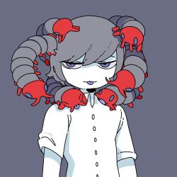 Rule 34 | 1boy, bug, centipede, collared shirt, grey background, grey eyes, grey hair, highres, living hair, male focus, no nose, original, panapana, shirt, short sleeves, simple background, smile, solo, tongue, tongue out, upper body, white shirt