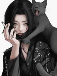 Rule 34 | 1boy, :p, absurdres, black cat, black eyes, black hair, black shirt, cat, chain, cigarette, feitan portor, highres, holding, holding cigarette, hunter x hunter, likeu 99, male focus, mask, mouth mask, parted bangs, piercing, shirt, solo, spider web tattoo, tongue, tongue out, tongue piercing