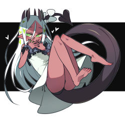 Rule 34 | 1girl, ass, bare legs, bare shoulders, barefoot, black background, black panties, black scrunchie, black tail, bow, colored tongue, commentary request, covering own mouth, dark-skinned female, dark skin, demon tail, dress, fang, feet, flat chest, frilled dress, frills, full body, green eyes, green hair, green tongue, hair between eyes, hands up, heart, highres, horns, knees up, kometsubu, letterboxed, long hair, looking at viewer, multicolored hair, multiple horns, nail polish, open mouth, original, outside border, panties, parted bangs, pointy ears, scrunchie, side-tie panties, sleeveless, sleeveless dress, slit pupils, smile, smug, soles, solo, tail, tail bow, tail ornament, toes, underwear, very long hair, white bow, white dress, white hair, wrist scrunchie