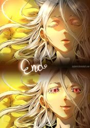 Rule 34 | 1girl, albino, closed eyes, colored eyelashes, deadman wonderland, elowly, english text, hair over eyes, highres, long hair, looking at viewer, on bed, red eyes, shiro (deadman wonderland), skin tight, smile, solo, upper body, watermark, web address, white hair