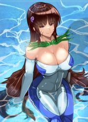 Rule 34 | 1girl, bare shoulders, bodysuit, breasts, brown hair, cleavage, closed mouth, diving suit, gloves, hair ornament, in water, large breasts, long hair, purple eyes, scryed, smile, solo, terada ayase, tomo0843, very long hair, water, wetsuit