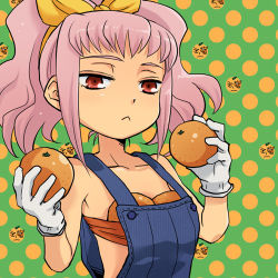 Rule 34 | 00s, 1girl, :&lt;, anya alstreim, bandeau, bare shoulders, breast padding, code geass, expressionless, food, fruit, gloves, hairband, holding, holding food, holding fruit, lowres, orange (fruit), overalls, padding, pink hair, plum (arch), puramubon, red eyes, short hair, solo, strapless, tube top