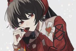 Rule 34 | 1boy, androgynous, black eyes, black hair, blurry, bow, brown hair, chocolate, chocolate strawberry, commentary, cross-laced clothes, cross-laced sleeves, diffraction spikes, dutch angle, ensemble stars!, food, fruit, grey background, hair between eyes, heart, highres, holding, holding food, jacket, looking at viewer, male focus, red bow, red eyes, red headwear, red jacket, red nails, sakuma ritsu, shirt, short hair, solo, sparkle, strawberry, symbol-only commentary, two-tone eyes, upper body, white shirt, yukimi bon