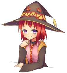 Rule 34 | 1girl, absurdres, belt collar, black hat, button eyes, buttons, closed mouth, coat, collar, copyright request, cosplay, cosplay request, hand up, hat, highres, klaius, kono subarashii sekai ni shukufuku wo!, long sleeves, looking at viewer, medium hair, megumin, megumin (cosplay), necktie, open clothes, open coat, pink shirt, red hair, red necktie, shirt, simple background, smile, solo, white background, wide sleeves, witch hat