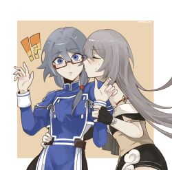Rule 34 | !?, 2girls, asymmetrical clothes, belt, black dress, blue eyes, blush, breasts, china dress, chinese clothes, cleavage, closed mouth, dress, fu hua, fu hua (herrscher of sentience), fu hua (valkyrie accipiter), glasses, grey hair, hair between eyes, hair ornament, hanfu, highres, honkai (series), honkai impact 3rd, jewelry, juliet sleeves, kiss, kissing cheek, long hair, long sleeves, low-tied long hair, low ponytail, michuan ximo, multicolored hair, multiple girls, on head, ponytail, puffy sleeves, single bare shoulder, small breasts, streaked hair, yellow belt, yuri