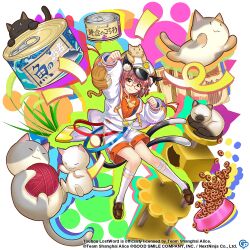 Rule 34 | 1girl, alternate costume, animal ears, ascot, brown eyes, brown footwear, brown hair, can, canned food, cat, cat ears, cat tail, chen, chen (calm and composed secretary), closed mouth, commentary, copyright name, copyright notice, english commentary, full body, game cg, hat, jacket, long sleeves, looking at viewer, multicolored background, nekomata, peaked cap, rotte (1109), short hair, shorts, socks, tail, third-party source, touhou, touhou lostword, white headwear, white jacket, white shorts, white socks, yarn, yarn ball, yellow ascot