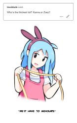 Rule 34 | 1girl, bare arms, blue hair, bow, child, colored skin, dress, hairband, open mouth, original, simx, smile, solo, speech bubble, tape measure, teasing, white background, white skin, zoey