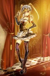 Rule 34 | 1girl, asymmetrical footwear, blonde hair, boots, clarice (valkyrie connect), collar, door, elbow gloves, fingerless gloves, full body, gloves, hand on own hip, high boots, high heel boots, high heels, highres, indoors, maid headdress, official art, purple thighhighs, red eyes, smile, solo, standing, thighhighs, uneven footwear, valkyrie connect