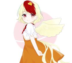 Rule 34 | 1girl, animal, animal on head, bird tail, blonde hair, blush, closed mouth, cropped shirt, dress, feathered wings, finger to own chin, from side, highres, looking at viewer, looking back, multicolored hair, niwatari kutaka, on head, orange dress, red eyes, red hair, shirt, short hair, simple background, smile, solo, standing, touhou, two-tone hair, umi (nana spring), upper body, white background, white shirt, wings