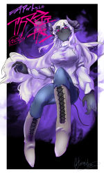 Rule 34 | black skin, boots, colored skin, dark-skinned female, dark skin, hair between eyes, horns, knee boots, light purple hair, long hair, looking at viewer, original, red eyes, ribbed sweater, short shorts, shorts, solo, sweater, tail, torichamaru, translation request