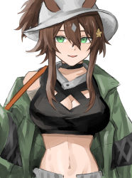 Rule 34 | 1girl, absurdres, animal ears, arknights, black choker, breasts, brown hair, choker, cleavage, cleavage cutout, clothing cutout, cropped shirt, green eyes, green jacket, hair between eyes, hair ornament, highres, horse ears, horse girl, jacket, large breasts, long hair, long sleeves, looking at viewer, meteor (arknights), meteor (bard&#039;s holiday) (arknights), midriff, navel, official alternate costume, parted lips, rain (rain8649), sidelocks, simple background, solo, star (symbol), star hair ornament, upper body, white background