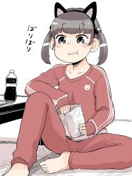 Rule 34 | 1girl, :t, absurdres, animal ears, barefoot, cat ears, closed mouth, cola, eating, fake animal ears, food, food on face, grey hair, hairband, hare (tetterutei), highres, holding, knee up, kotatsu, long sleeves, original, pants, short hair, simple background, sitting, sleeves past wrists, soda bottle, solo, sound effects, table, track suit, twintails, white background