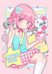 1girl :q bare_shoulders blue-framed_eyewear blue_tank_top blush bowl camera closed_mouth colored_eyelashes electric_fan english_text eyelashes food hair_ornament heart heart_hair_ornament heart_print highres holding holding_bowl holding_spoon ice_cream kneehighs neck_ribbon original outline pink_eyes pink_ribbon pink_skirt plaid_clothes plaid_skirt rainbow ribbon rolling_suitcase short_hair sitting skirt sleeveless smile socks solo spoon suitcase sunglasses swim_ring tank_top tasuki6918 tongue tongue_out two-tone_skirt unworn_eyewear white_outline white_skirt white_socks yellow_bag yume_kawaii