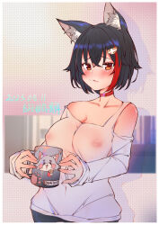 Rule 34 | 1girl, absurdres, alternate hair length, alternate hairstyle, animal ear fluff, animal ears, asymmetrical clothes, asymmetrical shirt, black hair, blush, breasts, brown eyes, choker, commentary, covered erect nipples, cup, dated, hair in own mouth, hair ornament, hairclip, highres, holding, holding cup, hololive, large breasts, long sleeves, looking at viewer, miofa (ookami mio), mug, multicolored hair, nipples, no bra, official alternate costume, ookami mio, ookami mio (casual), red choker, red hair, see-through, see-through shirt, shirt, shoulder blush, single-shoulder shirt, single bare shoulder, solo, streaked hair, v-shaped eyebrows, virtual youtuber, white shirt, wolf ears, yi xiang (pixiv12429066)
