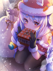 Rule 34 | 1girl, alternate costume, animal ear fluff, animal ears, black gloves, black pantyhose, blue hair, braid, carrot hair ornament, commentary, elbow rest, explosive, food-themed hair ornament, fur trim, gloves, hair between eyes, hair ornament, hat, highres, holding, hololive, long hair, looking at viewer, magowasabi, minecraft, multicolored hair, outdoors, pantyhose, rabbit ears, rabbit girl, red hat, red shirt, religious offering, sack, santa costume, santa hat, shirt, smile, snow, solo, squatting, symbol-shaped pupils, thick eyebrows, tnt, tnt block (minecraft), twin braids, two-tone hair, usada pekora, virtual youtuber, white hair