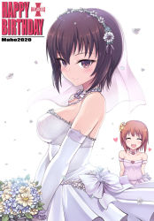 Rule 34 | 2girls, :d, arms behind back, bouquet, bow, bridal veil, brown eyes, brown hair, character name, choker, closed eyes, closed mouth, commentary, dated, dress, elbow gloves, emblem, english commentary, english text, flower, girls und panzer, gloves, hair flower, hair ornament, hairband, happy birthday, heart, highres, holding, holding bouquet, jewelry, kasai shin, kuromorimine (emblem), light blush, looking at viewer, multiple girls, necklace, nishizumi maho, nishizumi miho, off-shoulder dress, off shoulder, open mouth, petals, pink choker, pink dress, short hair, siblings, sisters, smile, standing, strapless, strapless dress, veil, wedding dress, white background, white bow, white dress, white gloves, wind