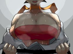 Rule 34 | 1girl, belt, black belt, black hair, bra, breasts, breath, choker, cleavage, close-up, collarbone, dougi, head out of frame, heavy breathing, large breasts, lineni, makoto (street fighter), martial arts belt, open mouth, partially undressed, red bra, ribbon choker, short hair, simple background, solo, sports bra, street fighter, street fighter iii (series), street fighter iv (series), sweat, tomboy, underwear, upper body