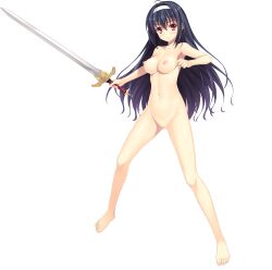 Rule 34 | 1girl, :&gt;, absurdres, ahoge, aikawa tatsuki, black hair, breasts, censored, closed mouth, completely nude, eyebrows hidden by hair, feet, female focus, fighting stance, full body, game cg, groin, hair between eyes, highres, holding, holding sword, holding weapon, legs, long hair, looking at viewer, medium breasts, mosaic censoring, navel, nipples, nude, pussy, rize mknest, ryuukishi bloody saga, simple background, smile, solo, standing, sword, tachi-e, thighs, toes, transparent background, weapon