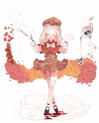 Rule 34 | 1girl, bad id, bad pixiv id, blonde hair, blush, brown skirt, candy, capelet, cookie, cookie run, cream puff cookie, crossed legs, cup, closed eyes, food, hat, jelly bean, long hair, long sleeves, lunchicken, pavement, pleated skirt, pouring, skirt, smile, solo, tea, teacup, teapot, thighhighs, wand, white background, white thighhighs