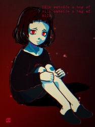 Rule 34 | 1girl, brown hair, chromatic aberration, copyright name, knees up, looking at viewer, milk-chan (milk inside a bag of milk inside a bag of milk), milk-chan (milk series), milk inside a bag of milk inside a bag of milk, minawa108, red background, red eyes, short hair, sitting, slippers, solo