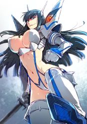 Rule 34 | 10s, 1girl, bakuzan, black hair, blue eyes, boots, breasts, from below, highres, junketsu, kill la kill, kiryuuin satsuki, large breasts, light trail, living clothes, long hair, navel, redrop, revealing clothes, sketch, solo, sword, thigh boots, thighhighs, underboob, weapon