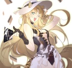 Rule 34 | 1girl, animal ears, arknights, bare shoulders, black gloves, black one-piece swimsuit, blonde hair, breasts, cat ears, commentary, cowboy shot, gloves, hat, highres, lingzi, long hair, looking at viewer, official alternate costume, one-piece swimsuit, one eye closed, open mouth, partially fingerless gloves, small breasts, smile, solo, sparkle, sun hat, swimsuit, swire (arknights), very long hair, white hat