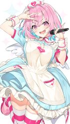 Rule 34 | 1girl, ahoge, apron, armband, blue dress, blue hair, blush, breasts, dress, fangs, hair intakes, hand up, hat, hayashi kewi, idolmaster, idolmaster cinderella girls, large breasts, looking at viewer, microphone, multicolored hair, nurse cap, open mouth, pink eyes, pink hair, pink thighhighs, puffy short sleeves, puffy sleeves, short hair, short sleeves, simple background, smile, solo, striped clothes, striped thighhighs, thighhighs, thighs, v, white apron, white background, wrist cuffs, yumemi riamu