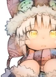 Rule 34 | 1other, absurdres, alternate costume, animal hat, brown fur, buttons, close-up, eyes visible through hair, fur-trimmed headwear, fur-trimmed sleeves, fur trim, furry, grey hair, hands up, hat, highres, horizontal pupils, long sleeves, looking at viewer, made in abyss, nanachi (made in abyss), parted lips, potapon, ribbon-trimmed sleeves, ribbon trim, scarf, short hair, simple background, solo, striped clothes, striped scarf, upper body, white background, woollen cap, yellow eyes