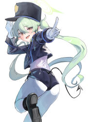 Rule 34 | 1girl, absurdres, ass, black footwear, black hat, black jacket, black shorts, black tail, blue archive, blush, buttons, demon tail, double-breasted, foot out of frame, ggab0621, gloves, green hair, green halo, hair between eyes, halo, hat, nozomi (blue archive), highres, jacket, long hair, long sleeves, open mouth, pantyhose, peaked cap, pointy ears, shoes, shorts, simple background, smile, solo, tail, twintails, white background, white gloves, white pantyhose, yellow eyes