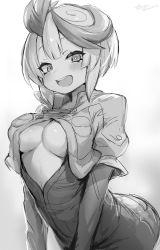 Rule 34 | 1girl, :d, asymmetrical hair, blush, breasts, center opening, cropped jacket, female focus, greyscale, highres, leaning forward, made in abyss, medium breasts, monochrome, open mouth, sidelocks, signature, smile, solo, suurin (ksyaro), teeth, tepaste, underboob, upper teeth only