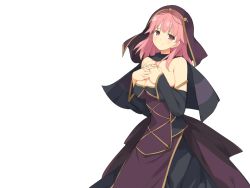 Rule 34 | 1girl, bare shoulders, blush, breasts, cape, cleavage, dress, evenicle, female focus, game cg, hands on breasts, hands on own chest, hood, large breasts, legs, looking at viewer, mifa (evenicle), pink hair, purple eyes, short hair, simple background, smile, solo, standing, thighs, yaegashi nan