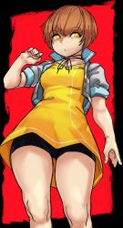 Rule 34 | 1girl, absurdres, bike shorts, breasts, brown hair, choker, dark persona, dress, highres, open clothes, open vest, persona, persona 4, popped collar, ribbon choker, satonaka chie, shadow chie, short hair, small breasts, solo, thighs, tomboy, upskirt, vest, yellow dress, yellow eyes, zanamaoria