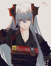 Rule 34 | 1girl, absurdres, arknights, armor, black shirt, character name, closed mouth, collarbone, collared shirt, commentary, copyright name, dragon horns, expressionless, grey background, hair between eyes, helingmo, highres, horns, long hair, looking at viewer, official alternate costume, orange eyes, bulletproof vest, saria (arknights), saria (the law) (arknights), shirt, shoulder armor, silver hair, simple background, solo, upper body, walkie-talkie, yellow pupils