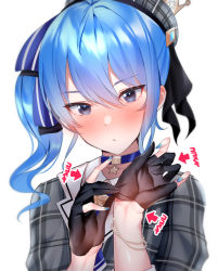 Rule 34 | 1girl, beret, black gloves, blue choker, blue eyes, blue hair, blue nails, blush, breasts, choker, dress, gloves, grey dress, grey hair, grey hat, half gloves, hat, hololive, hoshimachi suisei, hoshimachi suisei (1st costume), looking at viewer, medium hair, nail polish, partially fingerless gloves, puffy sleeves, side ponytail, simple background, solo, star (symbol), star in eye, symbol in eye, upper body, virtual youtuber, white background, yuyu (yuyuworks)