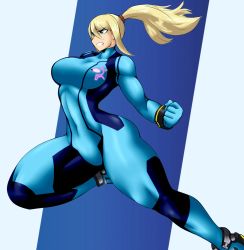 Rule 34 | 1girl, blonde hair, blue background, blue bodysuit, blue eyes, bodysuit, breasts, clenched teeth, covered navel, hair between eyes, highres, kyelyn, large breasts, long hair, metroid, mole, mole under mouth, narrow waist, nintendo, samus aran, sidelocks, skin tight, solo, teeth, thick thighs, thighs, two-tone background, zero suit