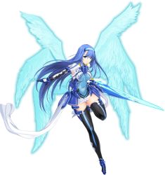 Rule 34 | 1girl, blue eyes, blue hair, boots, covered navel, energy blade, full body, hairband, holding, holding weapon, long hair, multiple wings, smile, solo, thigh boots, thighhighs, transparent background, weapon, wings