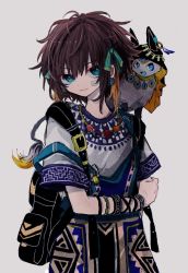 Rule 34 | 1girl, animal, animal on shoulder, aqua eyes, arm behind back, azzz (7334080), backpack, bag, black bag, bracelet, earrings, grey background, hair between eyes, hair ornament, highres, jewelry, necklace, open mouth, original, short hair, short sleeves, simple background, smile, solo, tail, upper body