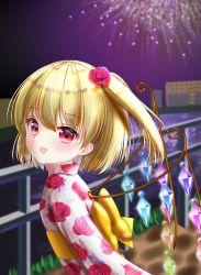 Rule 34 | 1girl, :d, absurdres, alternate costume, blonde hair, blush, bridge, building, commentary request, crystal, fireworks, flandre scarlet, flat chest, floral print, flower, hair between eyes, hair flower, hair ornament, highres, japanese clothes, kimono, leaning forward, looking at viewer, night, no headwear, nyanyanoruru, obi, open mouth, outdoors, red eyes, red flower, red rose, rose, rose print, sash, short hair, side ponytail, smile, solo, standing, touhou, upper body, water, wings, yukata