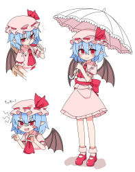 Rule 34 | &gt;:), 1girl, alcohol, arms up, ascot, back bow, bat wings, blue hair, blush, blush stickers, bobby socks, bow, brooch, claw pose, closed mouth, commentary, cup, drinking, drinking glass, fang, frilled shirt, frilled shirt collar, frilled skirt, frilled sleeves, frills, full body, hair between eyes, hat, hat ribbon, highres, holding, holding cup, holding umbrella, jewelry, looking at viewer, mary janes, mob cap, multiple views, nihohohi, open mouth, parasol, pink legwear, pink shirt, pink skirt, pointy ears, puffy short sleeves, puffy sleeves, red ascot, red bow, red eyes, red ribbon, remilia scarlet, ribbon, sash, shirt, shoes, short hair, short sleeves, simple background, skirt, skirt set, smile, socks, touhou, translation request, umbrella, upper body, v-shaped eyebrows, white background, wine, wine glass, wings