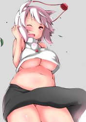 Rule 34 | 1girl, animal ears, areola slip, bare shoulders, belly, blush, breasts, clothes lift, d:, d;, fat, fat rolls, hat, highres, inubashiri momiji, large breasts, navel, one eye closed, open mouth, pink hair, plump, pom pom (clothes), shishi juuroku, short hair, skirt, skirt lift, solo, tail, thighs, tokin hat, touhou, underboob, upskirt, white hair, wind, wolf ears, wolf tail