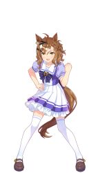 Rule 34 | 1girl, animal ears, brown eyes, character request, clenched hand, collarbone, full body, hair ornament, highres, horse ears, horse tail, horseshoe ornament, jungle pocket (umamusume), loafers, looking at viewer, medium hair, multicolored hair, notched ear, official art, school uniform, shoes, solo, standing, tail, thighhighs, tracen school uniform, transparent background, umamusume, white thighhighs