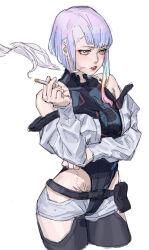 Rule 34 | 1girl, absurdres, black leotard, blonde hair, blue hair, chinese commentary, cigarette, commentary request, contrapposto, cowboy shot, cropped jacket, cropped legs, cyberpunk (series), cyberpunk edgerunners, eyeliner, highleg, highleg leotard, highres, holding, holding cigarette, jacket, leotard, lipstick, lucy (cyberpunk), makeup, multicolored eyes, multicolored hair, off shoulder, pink hair, pouch, purple hair, red eyeliner, red lips, shorts, smoke, smoking, solipsist, solo, white jacket, white shorts