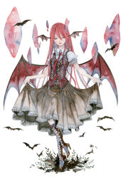 Rule 34 | 1girl, bad id, bad pixiv id, bat (animal), bat wings, boots, buttons, closed eyes, curtsey, dress, embellished costume, embodiment of scarlet devil, female focus, frills, full body, head wings, high heel boots, high heels, knee boots, koakuma, light smile, long hair, necktie, painting (medium), pinkxxxna, red hair, shoes, simple background, solo, touhou, traditional media, very long hair, vest, watercolor (medium), wings